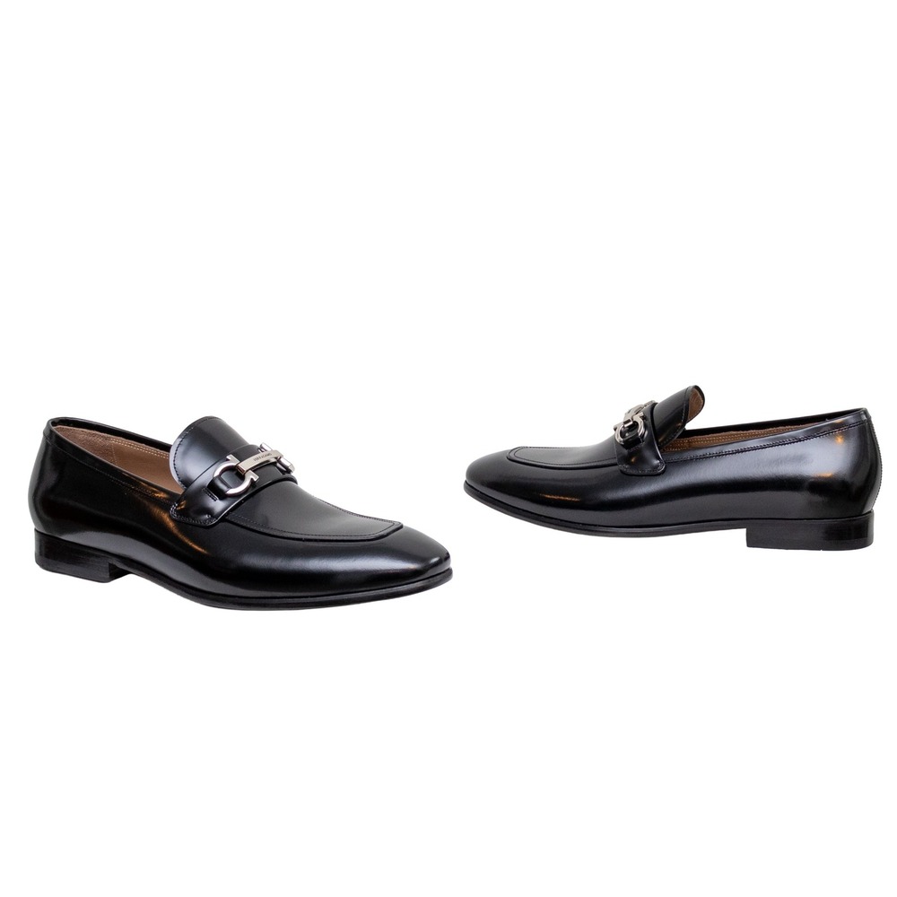 New Salvatore Ferragamo Gancini Bit Leather Loafers Black Men's US 8 EEE Italy